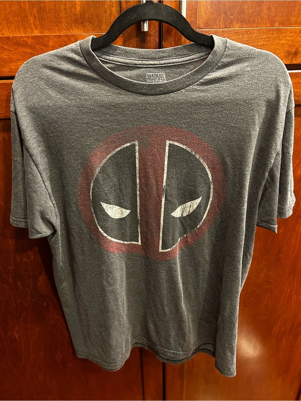 Marvel Men's Dark Gray Short Sleeve Tee with Red Deadpool Emblem